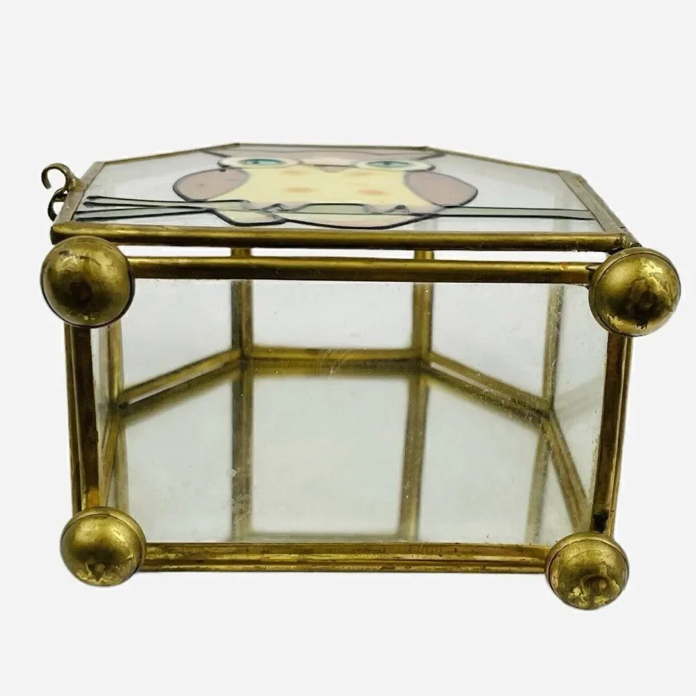 Vintage 1970s Interpur Owl Stained Glass Jewelry Trinket Box Mirrored MCM Taiwan